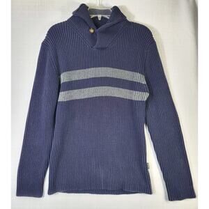 Eddie Bauer Heavyweight Ribbed Sweater Men's Sz L Navy Blue Gray Shawl Collar